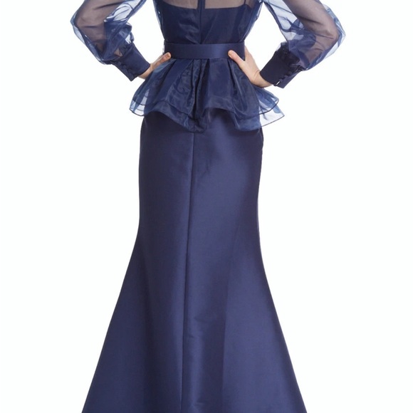 Badgley Mischka Midnight Blue Sheer Sleeve Gown - Picture 5 of 11